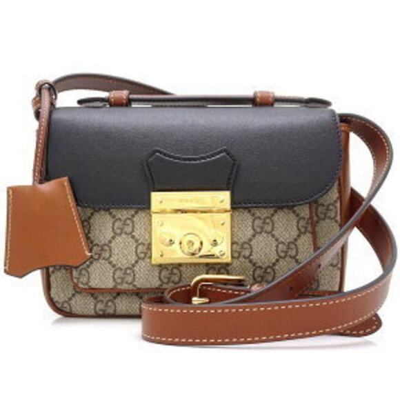 Gucci Shoulder Bag Padlock GG Supreme Canvas Calfskin Beige Black Brown - Picture 10 of 10